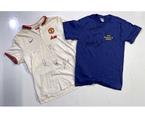 A T-shirt with stitched '1968 European Cup Winners' design (S) signed in marker pen by Nobby Stiles, Tony Dunne, David Sadler