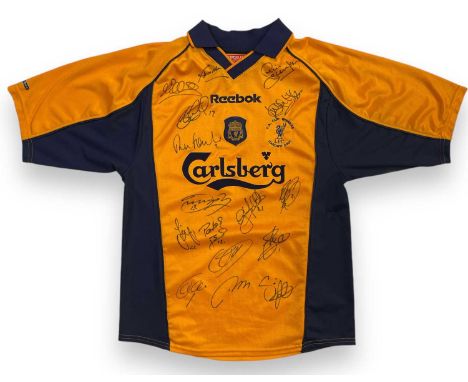 An LFC 2001 'FA Cup Winners' shirt (size 34/36) signed by approx 16 to inc: Steven Gerrard, Robbie Fowler, Smicer, McAllister