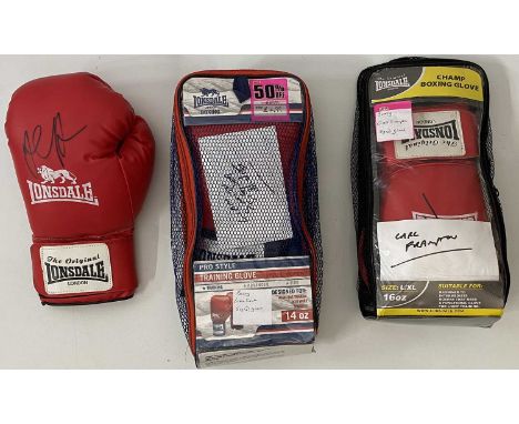 Boxing memorabilia - three gloves, one signed by Carl Frampton, one signed by Liam Smith, one signed by David Price.Signature