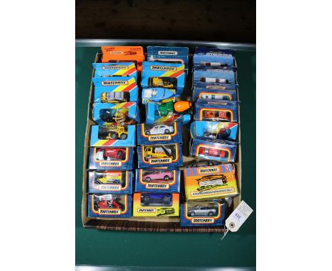 24 Matchbox MB series etc. 2x Ford Sierra XR4i. Ford Escort Cosworth, Aston Martin DB7, Ford Container Lorry, Dodge Cattle tr