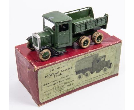 A Britains British Army 10-wheel Covered Tender (No.1432). In dark green with original white tyres and driver. Maroon box wit