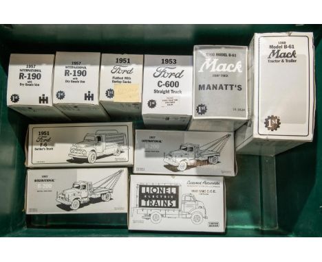 10 1st Gear 1/34 Scale Trucks. 1960 Model B-61 Mack Dump Truck, Manatt's. 2x 1957 International R-200 Gin Pole/Winch Truck, M