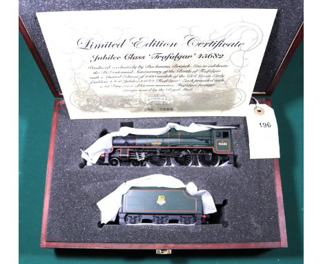 A Bachmann Branchline OO gauge BR Jubilee Class 4-6-0 locomotive, Trafalgar 45682, in lined Brunswick Green livery. In wooden