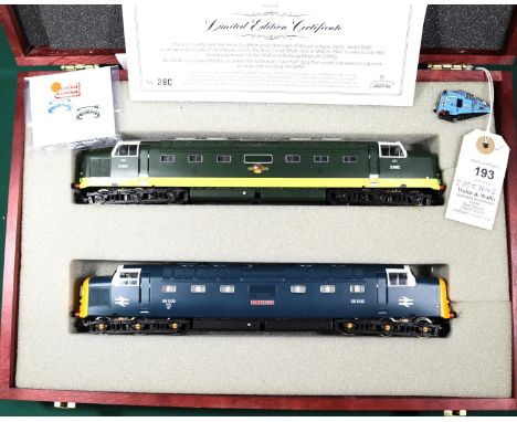 A Bachmann Branchline OO gauge diesel Class 55 Co-Co Deltic 2-locomotive set. Early emblem BR D9002, in Brunswick Green toget