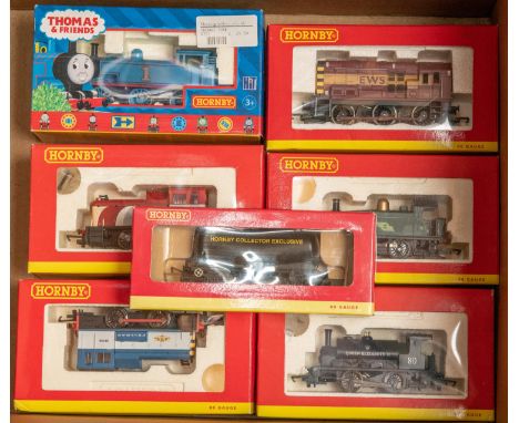 6x Hornby OO gauge locomotives. A Thomas the Tank Engine 0-6-0T (R351). An EWS 0-6-0 diesel shunter (R2163). A Virgin 0-4-0 d