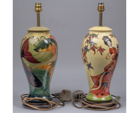 Two Moorcroft pottery lamp vases. One with a Japanese scene and one with a fish design. Overall height 450mm VGC. £40-60 