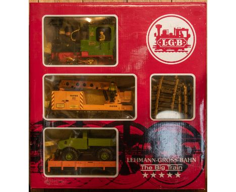 LGB G scale train set (21401) for 45mm gauge track. Comprising; 0-4-0T locomotive, breakdown crane wagon and flatbed wagon wi