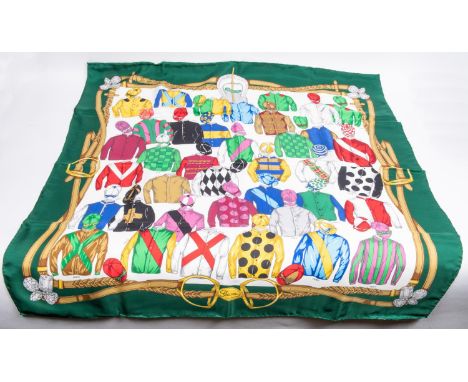 A Gucci Head Scarf made for De Beers (1989). Head scarf of printed silk commemorating the winners of the Royal Ascot Diamond 