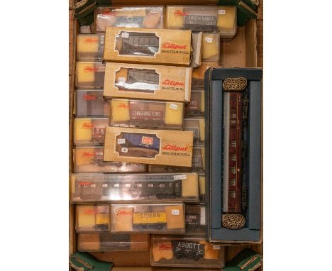 40x Liliput OO gauge railway freight wagons. Including; hopper wagons, open wagons, etc. Plus 2 other items. All boxed, some 