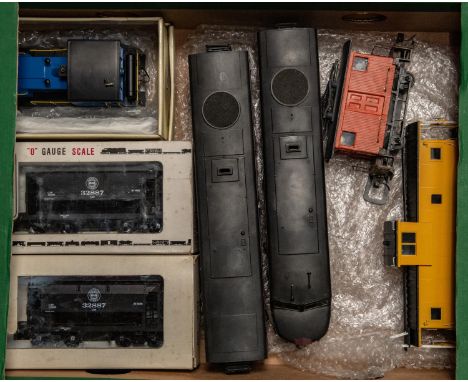 7x O gauge American outline rolling stock. Including; a kit-built Soo Line Bo-Bo diesel locomotive powered for 2-rail running