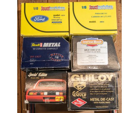 6 1:18 scale sports cars. 3x Revell, a 1969 Chevrolet Corvette Convertible, a Ford Mustang 350GT 65 and a Porsche 911 Carrera