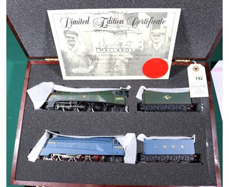 A Bachmann Branchline OO gauge Class A4 Mallard 2-locomotive set. LNER Mallard 4468, in unlined blue and the later incarnatio