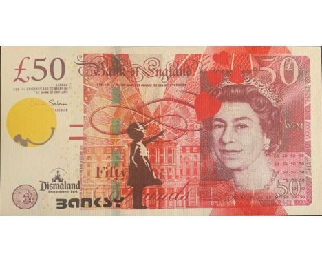 BANKSY X DISMALAND – D’APRESBanksy is a Dismal, 2015Sérigraphie sur toile figurant un billet de 50 poundsSérigraphie sur toil