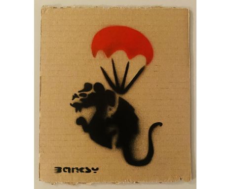 BANKSY (Né en 1974) (D’après)« Rat parachute ». 2015. Bombe aérosol et pochoir sur carton. Signé « Banksy » sur le devant au 