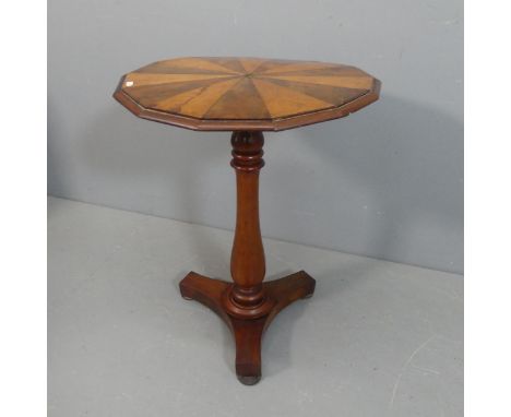 A 19th century mahogany occasional table, with satinwood fan-inlaid tetradecagonal top raised on turned central column with p
