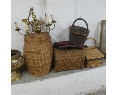 A group of wicker baskets, a Dutch chandelier and a saddlebag. (6)