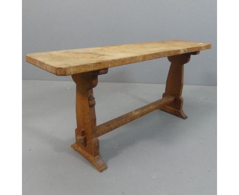 ROBERT MOUSEMAN THOMPSON - An oak refectory bench. Length 107cm, height 49cm, depth 28cm.Structurally good condition, with si