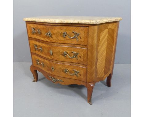 A French Kingwood and marble topped serpentine-fronted commode chest of three drawers, with inlaid floral decoration and ormo