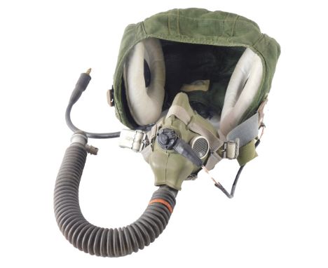 A military aviation green soft shell gas mask, size 3, with military arrow, bearing label.