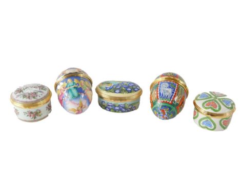 Five Halcyon Day enamel pill boxes, comprising A Year to Remember 2000, Easter 2000, Valentine's Day 2000, Easter 2002, and V