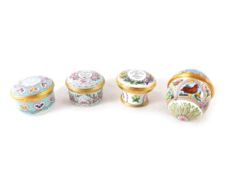 Four Halcyon Day enamel pill boxes, comprising St Valentine's Day 1992, Mother's Day 1992, Easter 1992, and Valentine Day 199