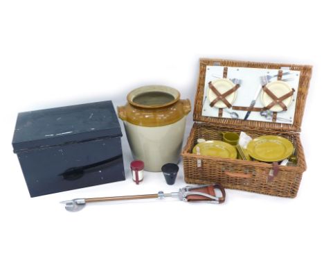 Miscellaneous items, to include shooting stick, a metal deep box, picnic hamper, and a stoneware crock, lacking lid. 