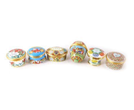 Six Halcyon Day enamel pill boxes, comprising 1999 Valentine's Day, 1998 Valentine's Day, 1999 Mother's Day, 1998 Easter Egg,