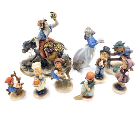 A quantity of Goebel Hummel figures, a Capodimonte figure of a gentleman with a donkey, etc. (some pieces AF)