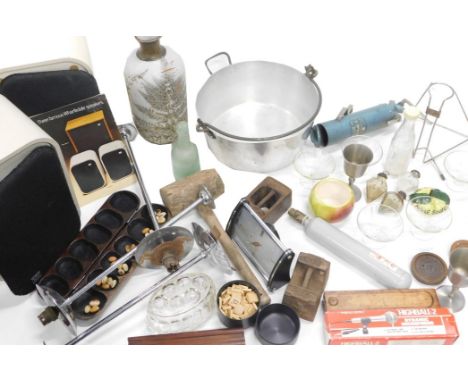 Miscellaneous items, to include various scales, chrome ceiling light fitting, pair of speakers, etc. 