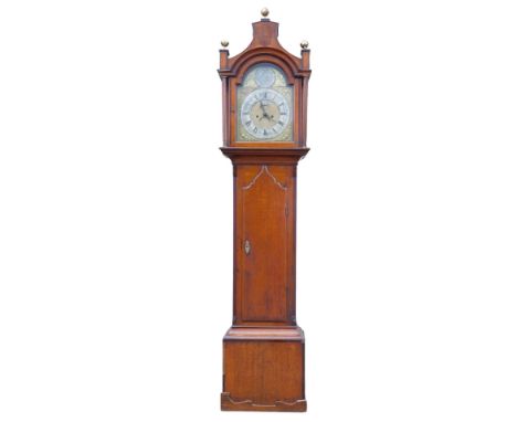 A 19thC longcase clock, signed B. Sykes, Marple, the arched brass dial with silvered Roman numeric chapter ring, with an eigh