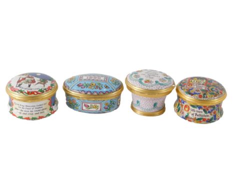 Four Halcyon Day enamel pill boxes, comprising Mother's Day 1990, A Year to Remember 1990, Christmas 1992, and Christmas 1990
