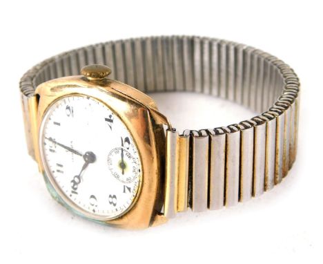 A small gent's Omega wristwatch, gold plated case with enamel dial stamped Omega, Swiss made. (AF)