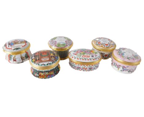 Six Halcyon Day enamel pill boxes, comprising 1991 Christmas Box, 1994 Christmas Box, Mother's Day 1994, A Year to Remember 1