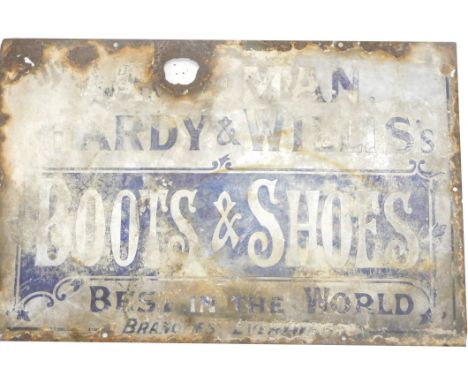 A late 19th/early 20thC enamel sign for Hardy and Willis Boots and Shoes, 31cm x 46cm. (AF) 