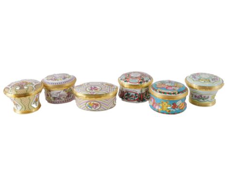 Six Halcyon Day enamel pill boxes, comprising Mother's Day 1996, Mother's Day 1995, Christmas 1995, Christmas 1996, A Year to