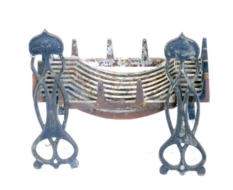 An Art Nouveau cast iron fire grate, with pierced fire dogs, and a plain grate, approx 54cm wide. 