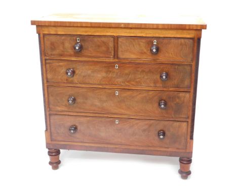 A Victorian mahogany chest of drawers, the plain top above two short and three long drawers, each with turned handled inset w