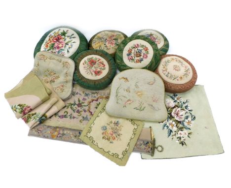 A quantity of embroidered tapestry type cushions, unstuffed cushions, bell pull, etc. (2 boxes) 
