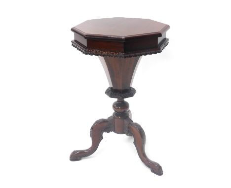 A mahogany trumpet shaped work table, in Victorian style, the hinged top enclosed a fitted interior, on tripod base. 