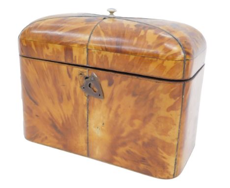 A mid 19thC tortoiseshell and pewter strung tea caddy, with bone knop, the hinged lid enclosing two cupboards also with bone 