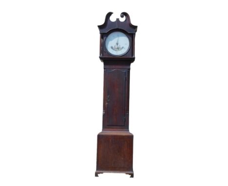 A 19thC longcase clock, the circular dial painted with gentleman playing tennis type game with racquets surrounded by Roman n