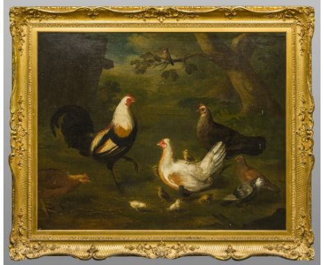 Attributed to LOUIS HUBNER (1694-1769) GermanA Duckwing Game Cock, Hens and Chicks in a Farm, a Wooded Landscape BeyondOil  o