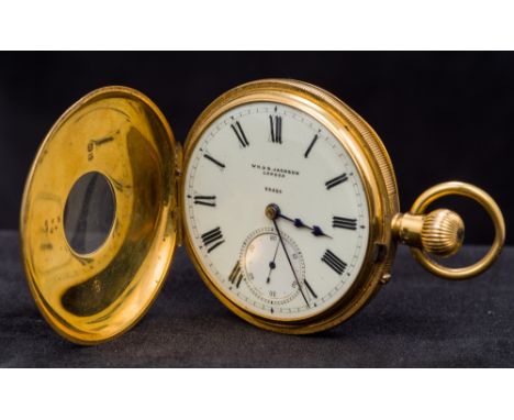 An 18 ct gold half hunter pocket watchThe white enamelled dial with Roman numerals inscribed WH & S Jackson, London, 28624, a
