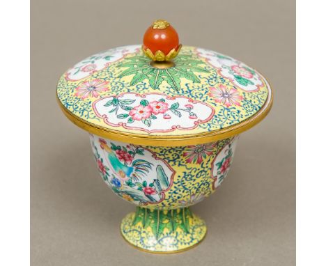 A Chinese Canton enamel stem cup and cover Finely painted with cockerel panels interspersed with strapwork and lotus flowers 