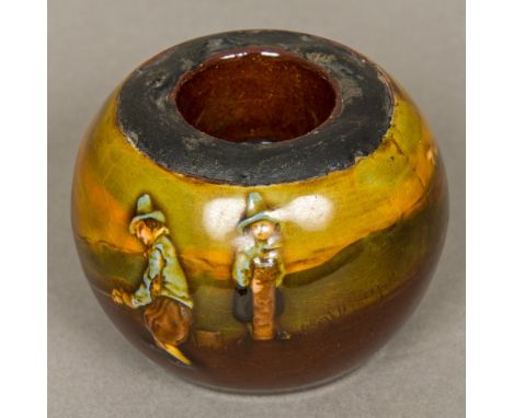 A Royal Doulton Kingsware Golfing Series ceramic match pot, circa 1910Of typical squat ovoid form, decorated in the round wit