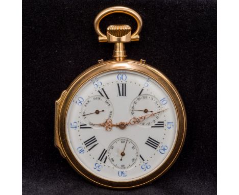 A 19th century French 18K gold cased multi-dial pocket watchThe white enamelled dial with Arabic and Roman numerals and with 