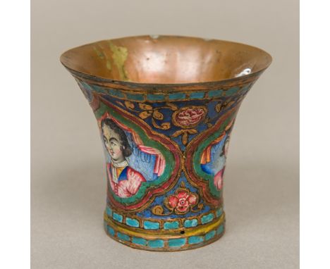 An 18th/19th century Qajar enamel decorated ghalian cupThe fluted copper vessel decorated in the round with male and female p