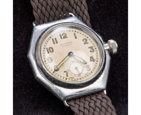 A vintage Pre-War Rolco Oyster wristwatch by the Rolex Watch Co.Of octagonal form, the dial with Arabic numerals and subsidia