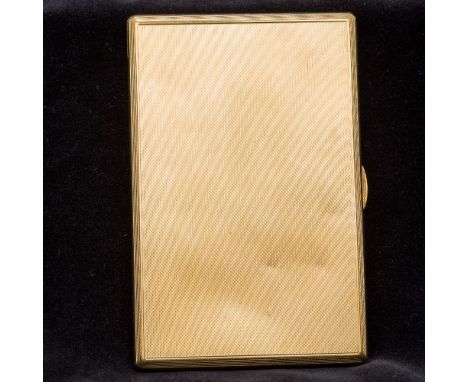 A 9 ct gold cigarette caseOf slender hinged form, the exterior with engine turned decoration, the interior with presentation 
