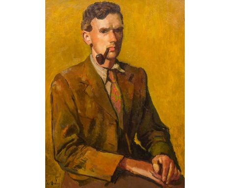 ENGLISH SCHOOL (20th century)Portrait of a Young Man Smoking a PipeOil on board, indistinctly signed, framed.  45 x 60 cm.  C